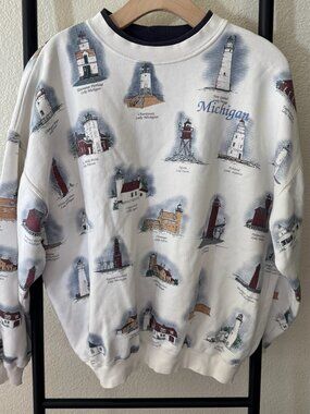 Vintage Michigan Lighthouse Graphic Crewneck Sweatshirt Size XL